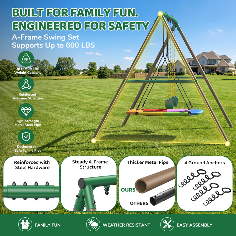 Klo Kick 7.3ft Tall Heavy Duty Swing Set, 3 Swings Metal Swing